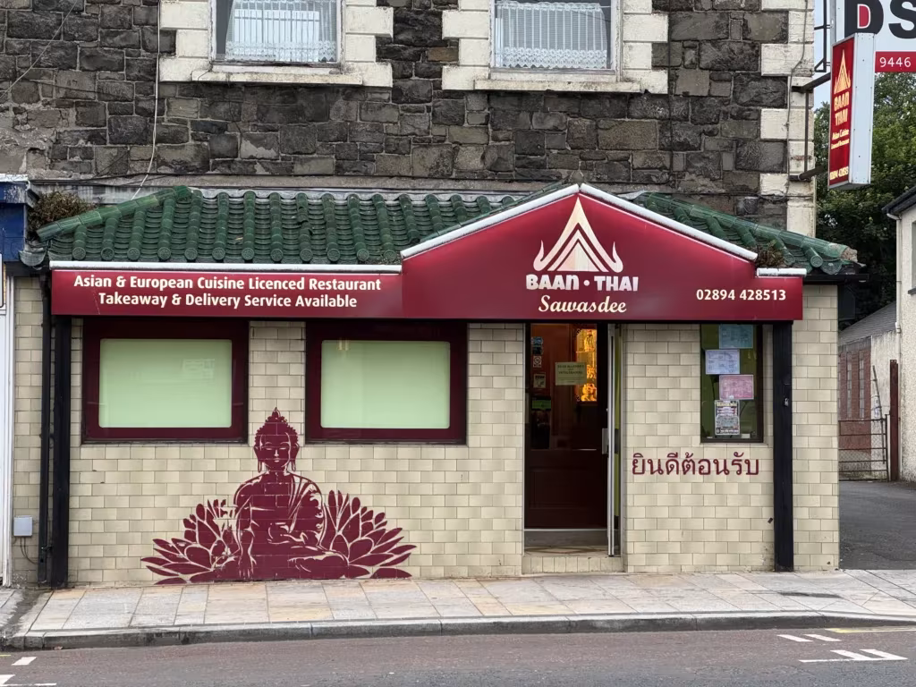 Storefront of Baan Thai in Antrim, Northern Ireland