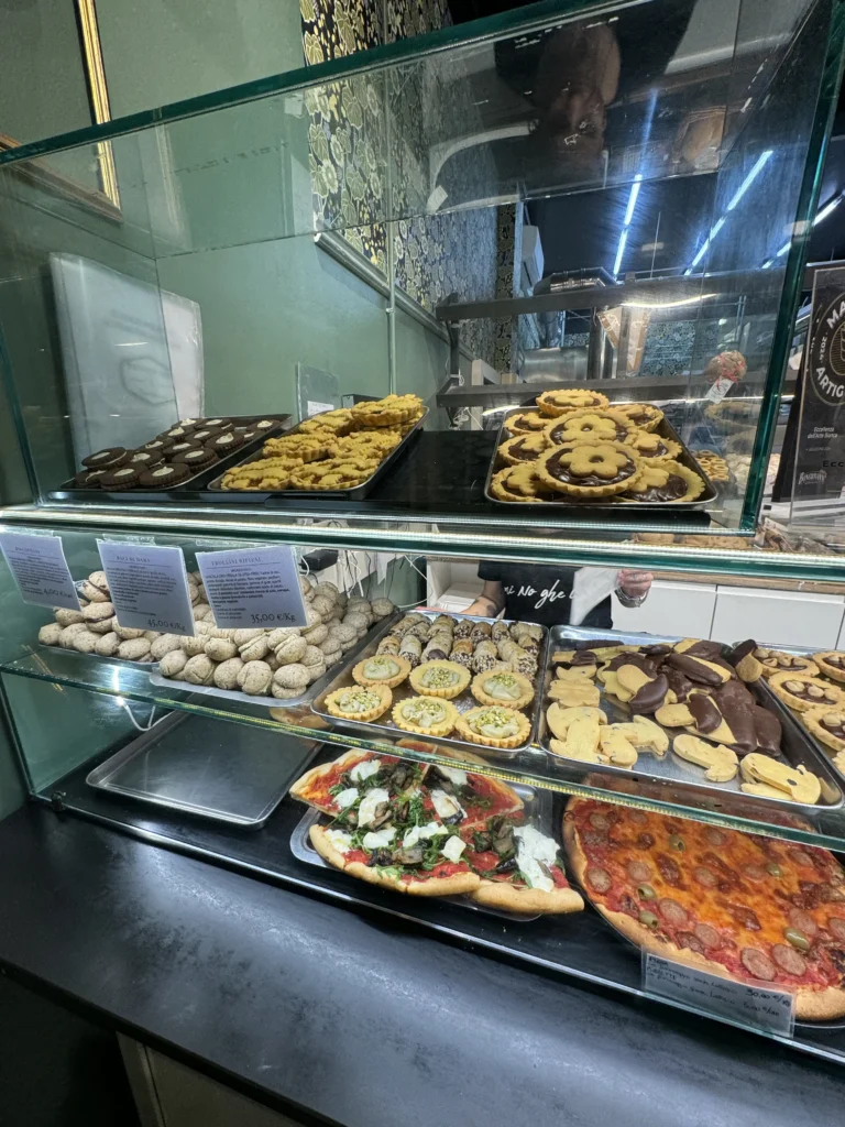 Food cases at Bakery 1970 in Genoa, Italy