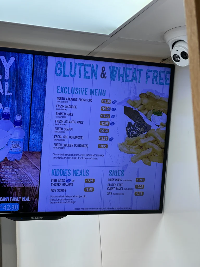 Gluten free menu at Beshoff Bros in Dublin, Ireland