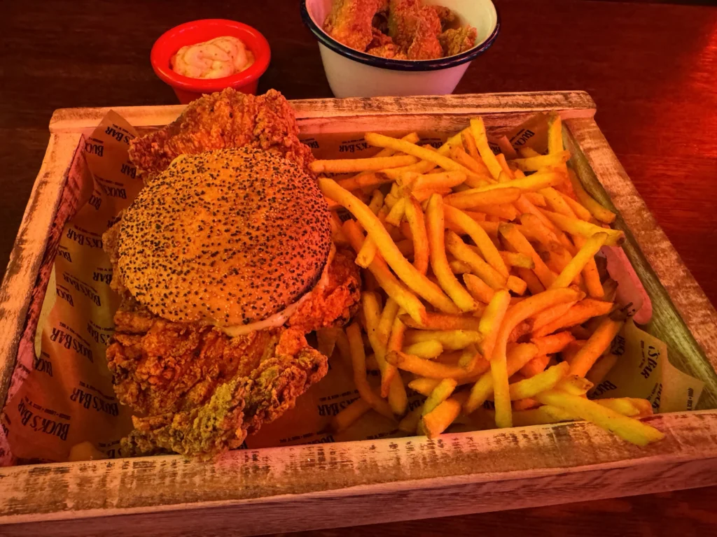 Gluten free chicken burger meal at Buck's Bar in Edinburgh, Scotland