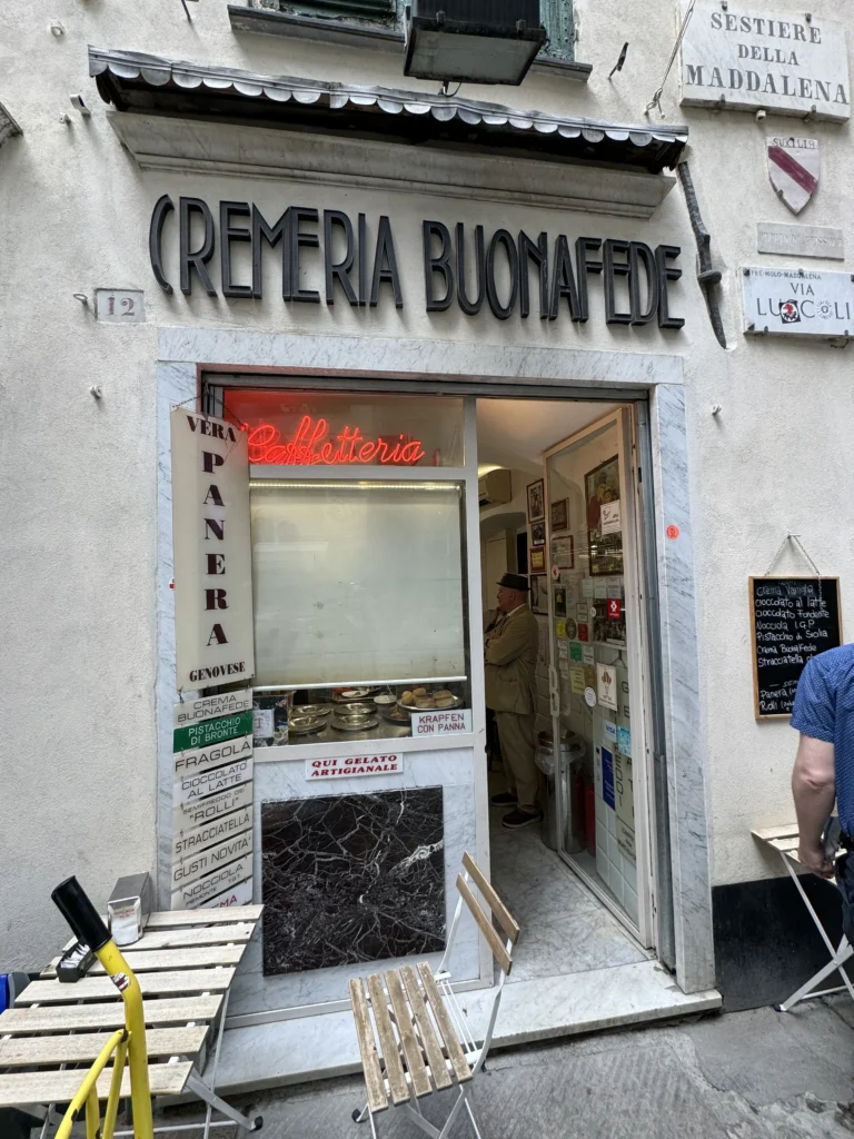 Storefront of Cremeria Buonafede in Genoa, Italy