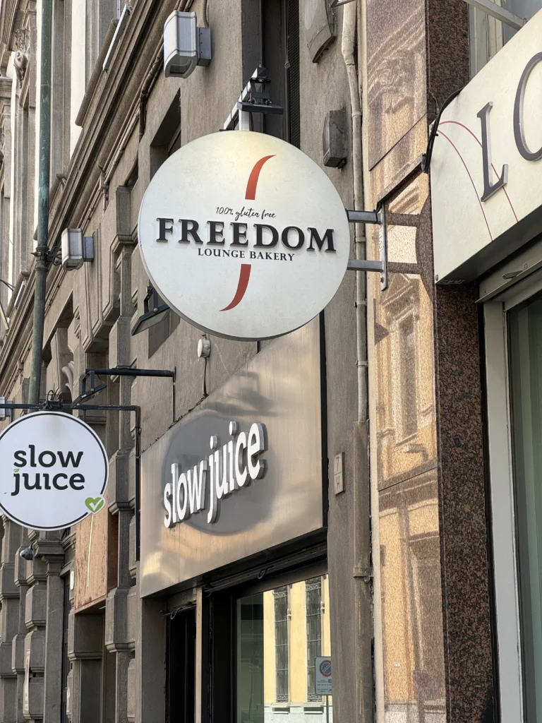 Street sign for Freedom Gluten Free Bakery in Turin, Italy