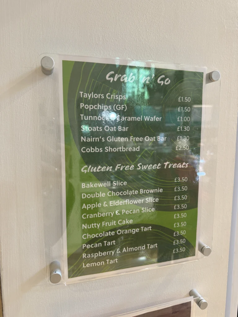 Menu with gluten free options at Glencoe Visitor Center in Glencoe, Scotland