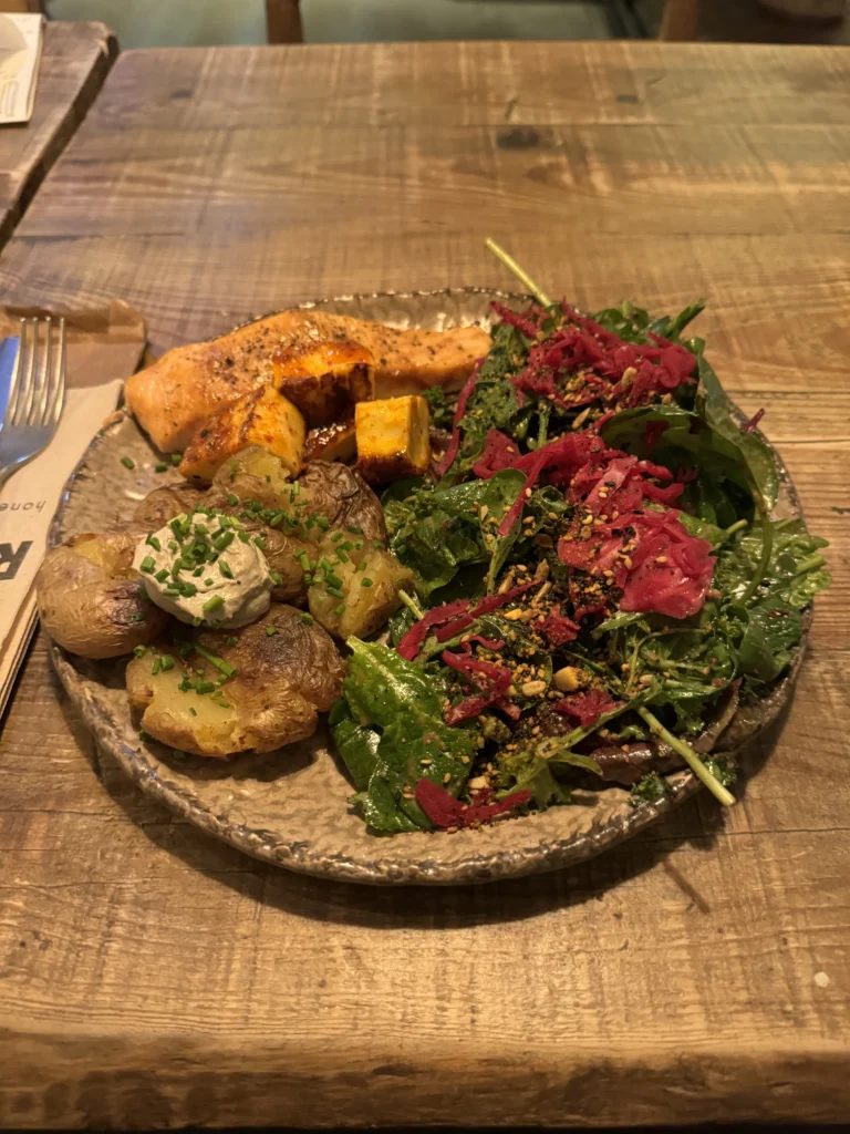Dinner platter at Honest Greens in Porto, Portugal