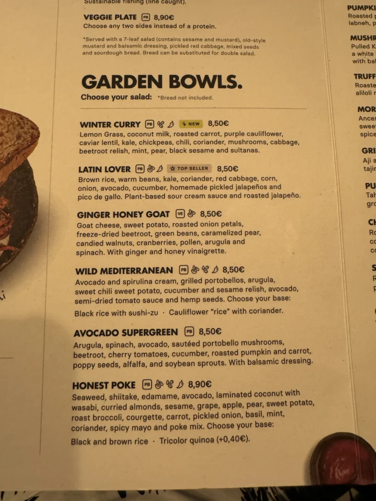 Garden bowl menu at Honest Greens in Lisbon, Portugal