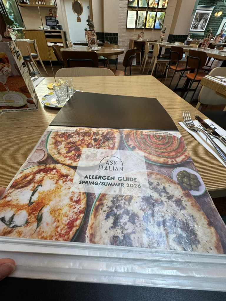 Allergen guide/binder at Ask Italian in London, UK