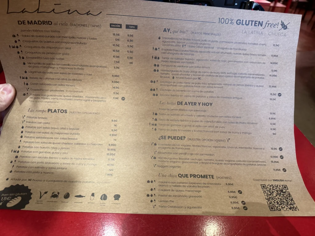 Menu at Lalina in Madrid, Spain
