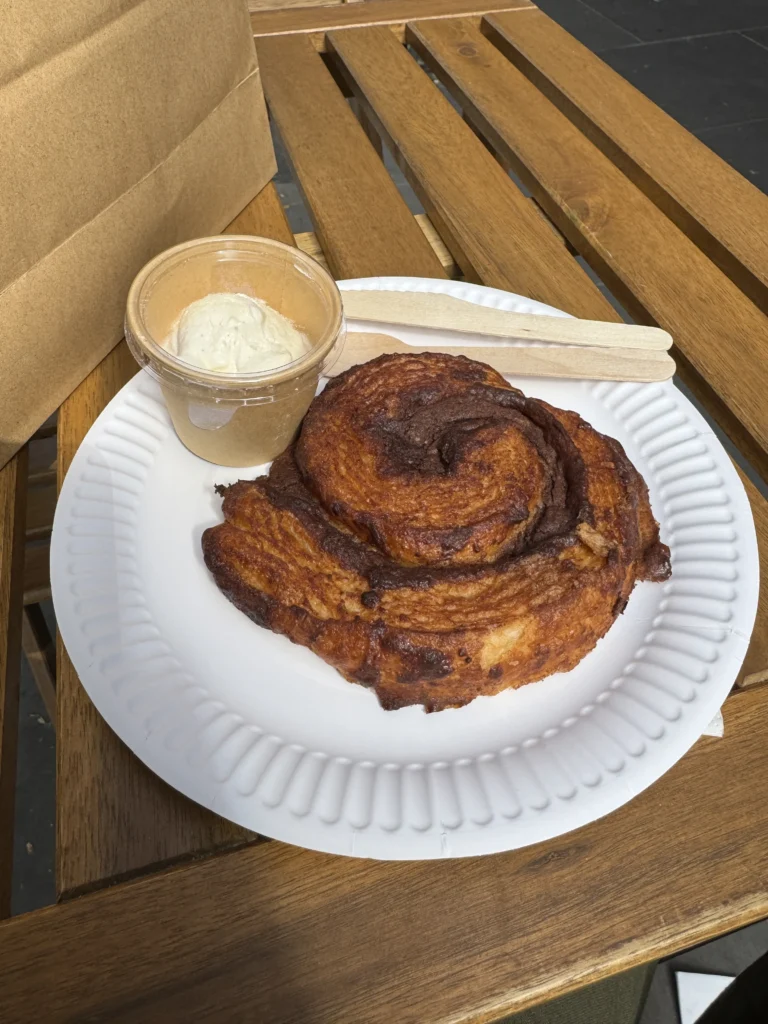 Manna Dew gluten free bakery cinnamon roll with cream cheese icing