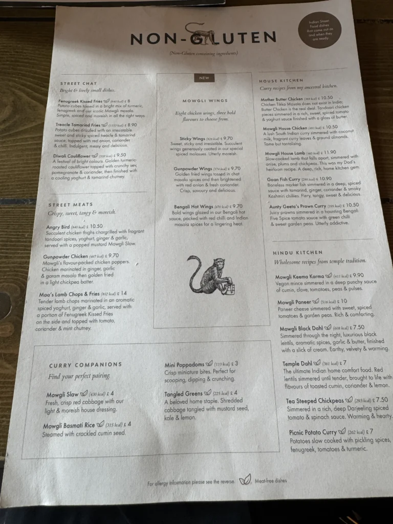 Mowgli London gluten free menu