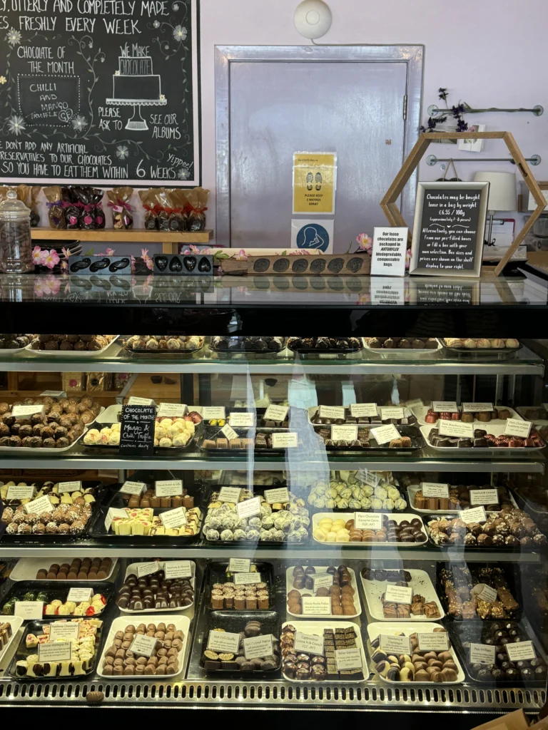 Pastry case at Oban Chocolate Company in Oban, Scotland
