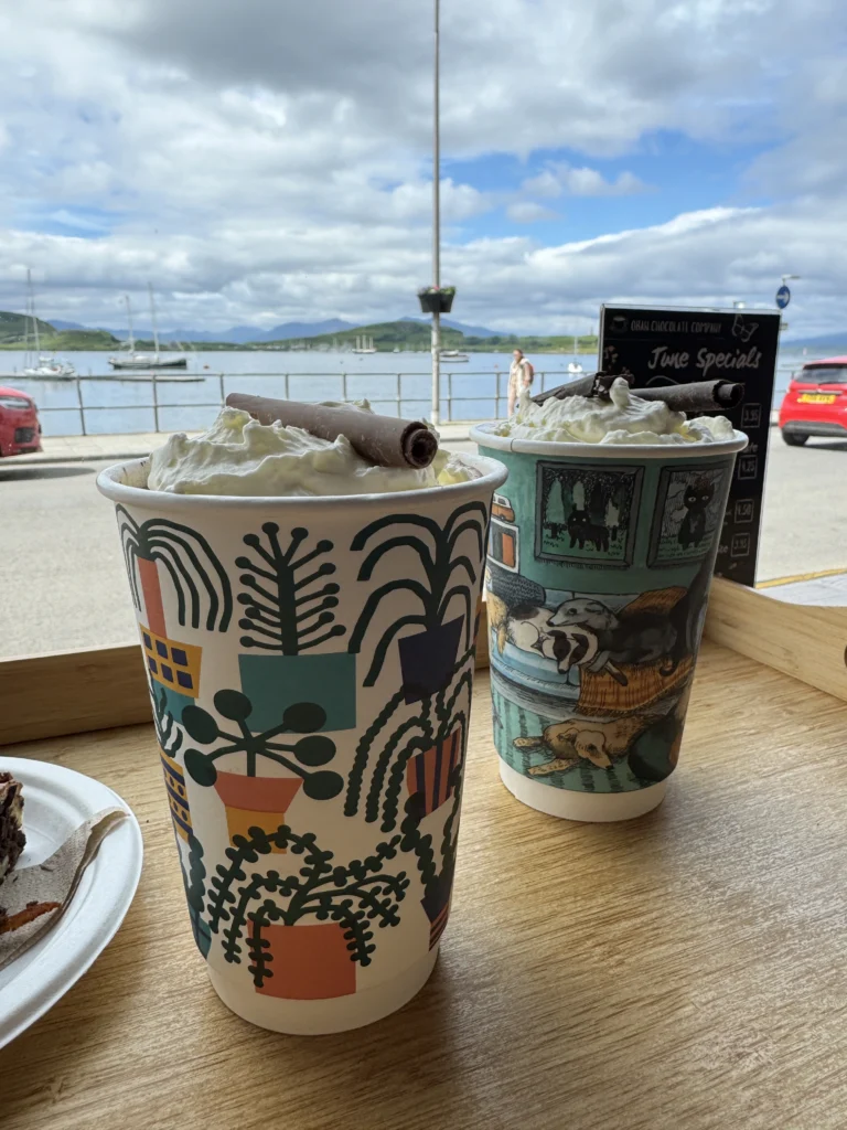 Warm drinks at Oban Chocolate Company in Oban, Scotland