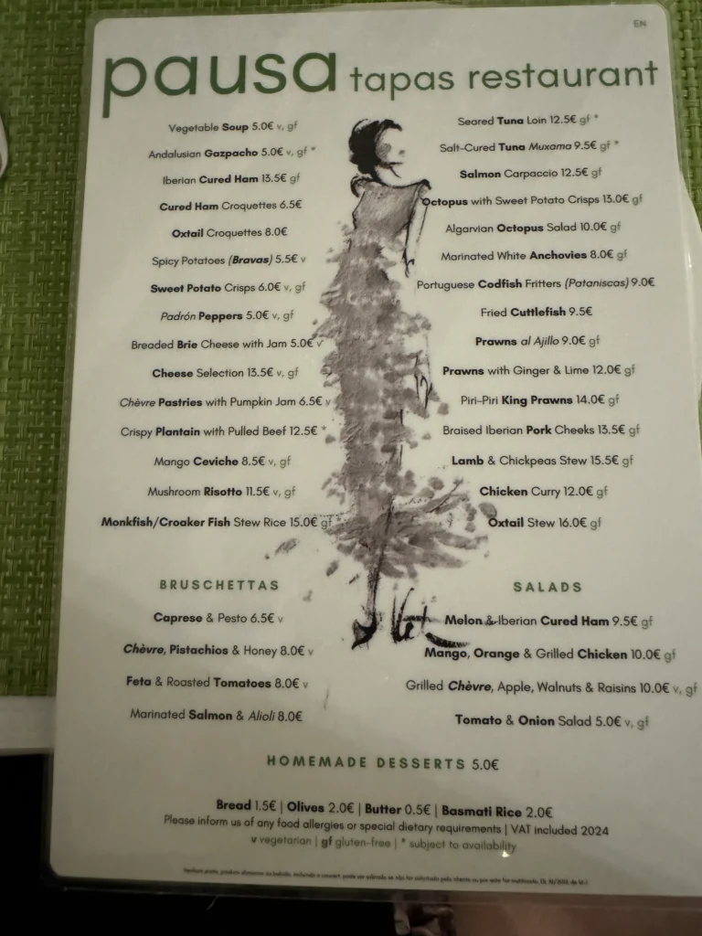 Menu at Pausa in Tavira, Portugal