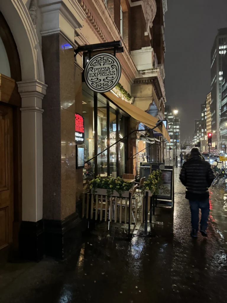 Outside of Pizza Express on Victoria Street in London, England