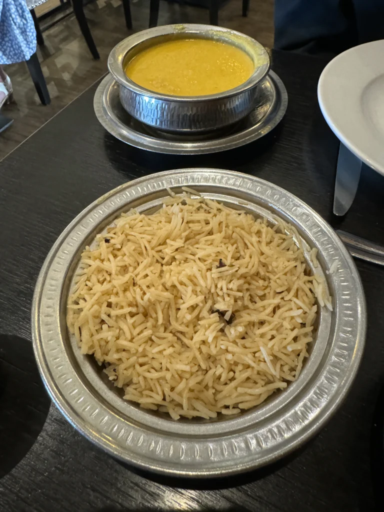 Rice and chicken korma from Rustom Restaurant in Edinburgh, Scotland