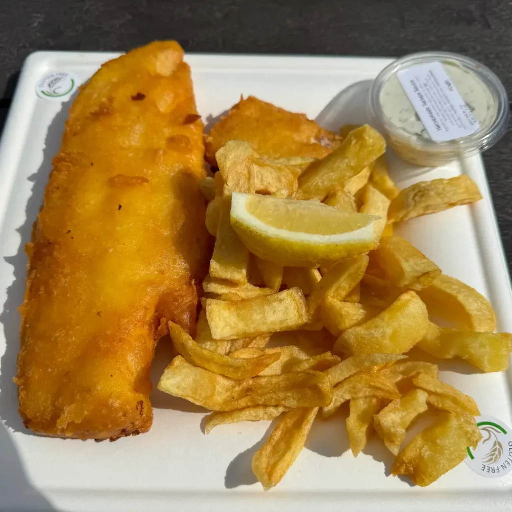 Gluten free fish and chips at The Real Food Cafe in Tyndrum, Scotland