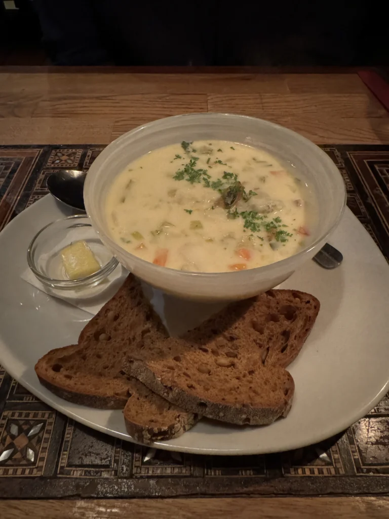 Gluten free seafood chowder at Stonechat restaurant in Killarney, Ireland