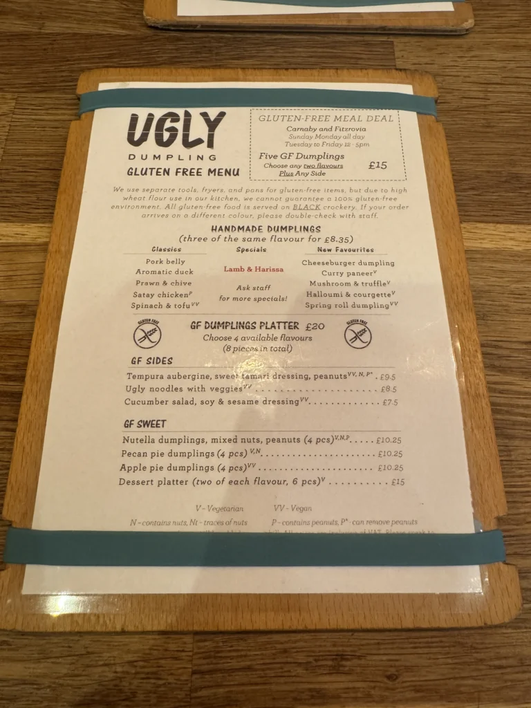 Ugly Dumpling London gluten free menu.