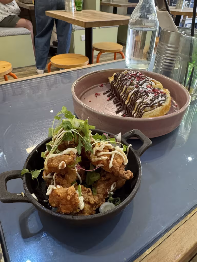 Fried chicken and sweet gluten free waffle at Utter Waffle in London