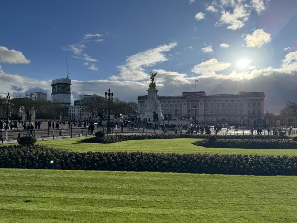 View of Buckingham Palace from St. James's Park in London, England