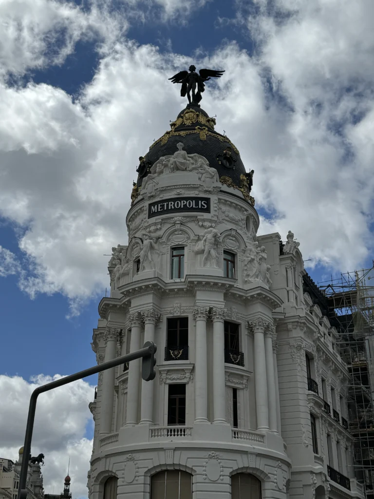 Beautiful buildings at the eastern end of Gran Via in Madrid, Spain