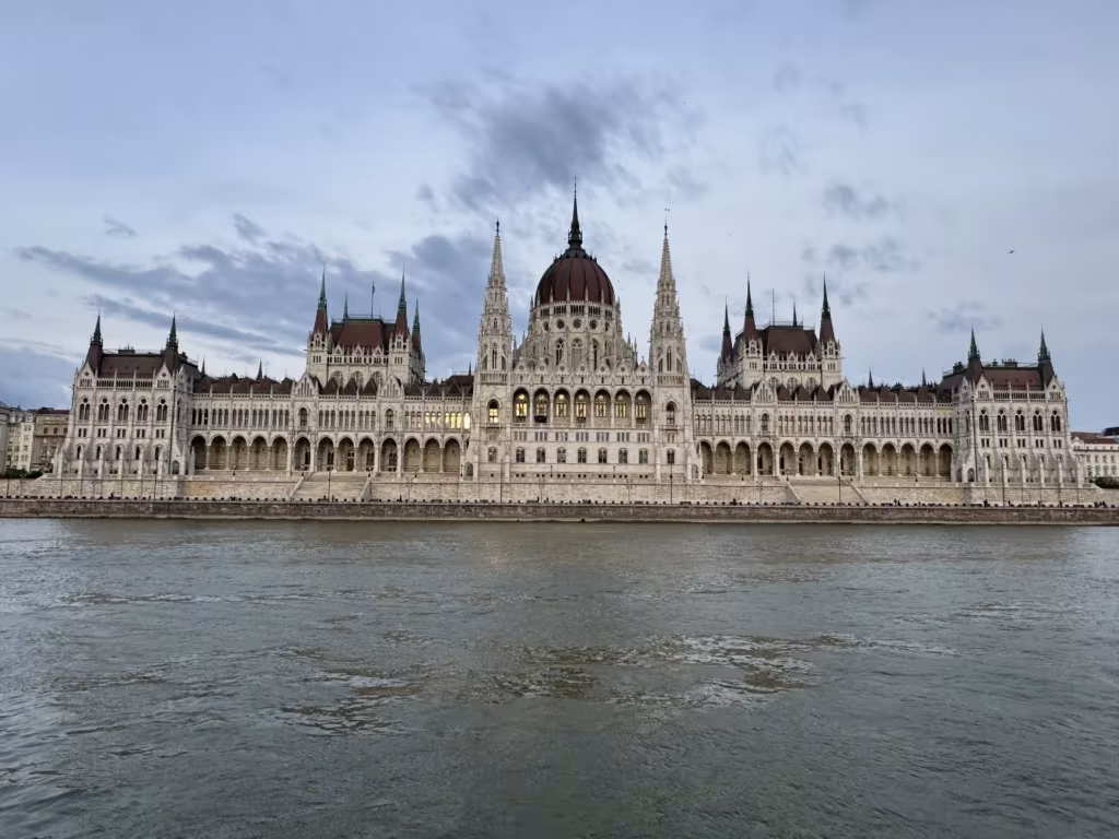 View of Hungarian Parliament from a Danube River cruise in Budapest, Hungary