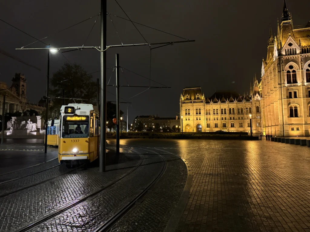 Tram No. 2 at night in Budapest, Hungary