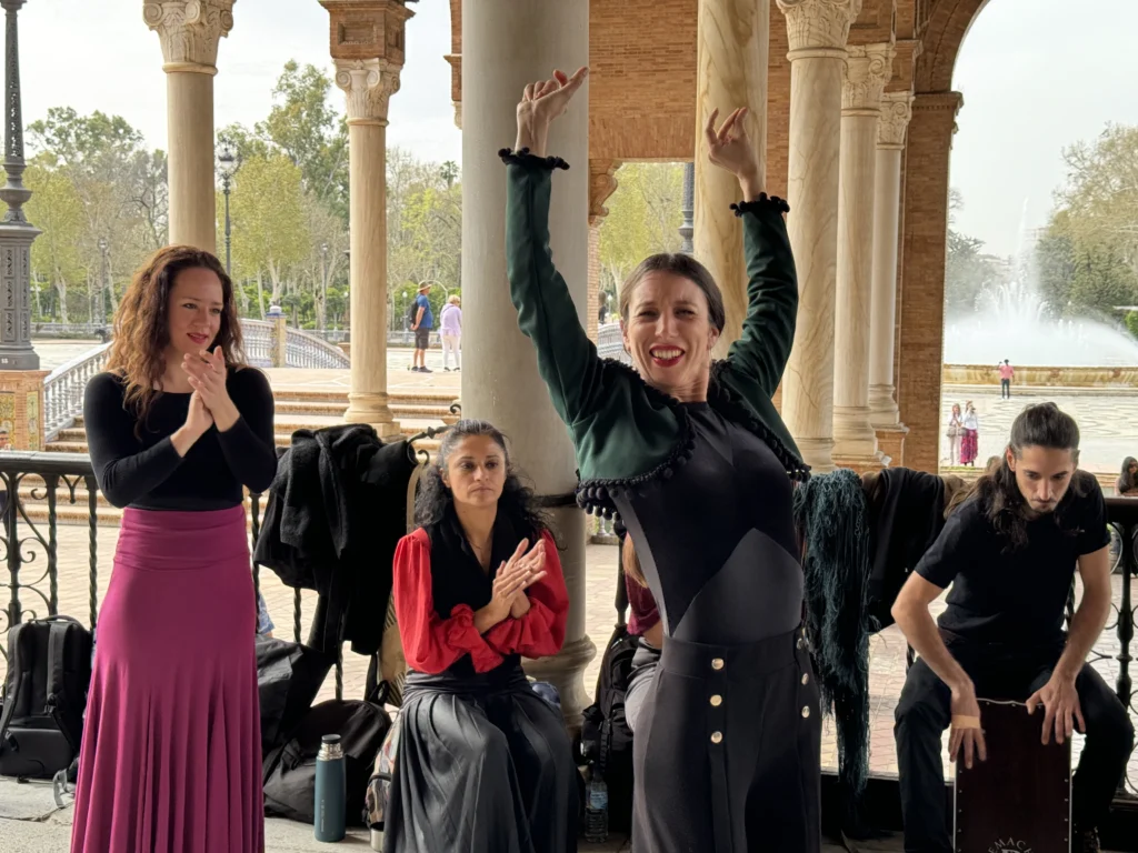 Flamenco dancers at Plaza de Espana in Seville, Spain