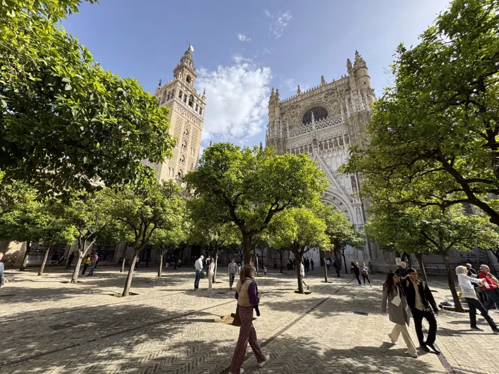 Outside the Cathedral of Seville and Giralda Tower