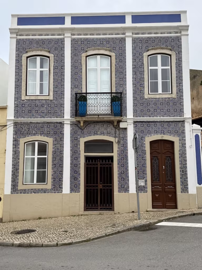 Intricately tiled buildings in city center of Lagos, Portugal