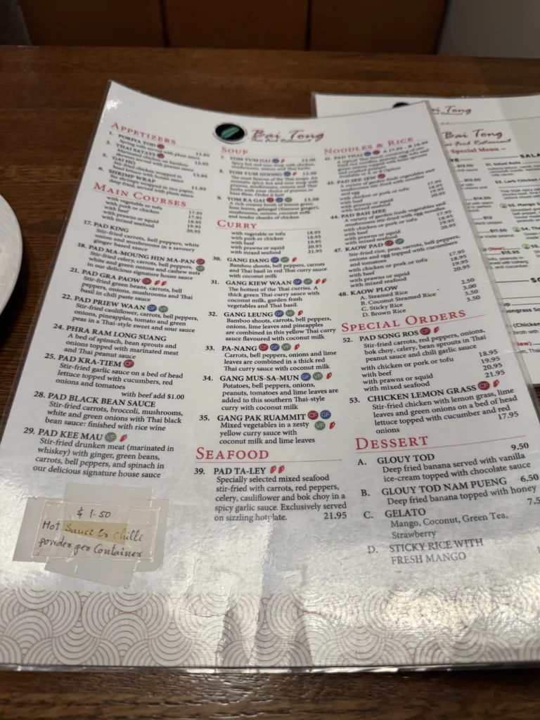 Menu at Bai Tong Thai in Kelowna, BC