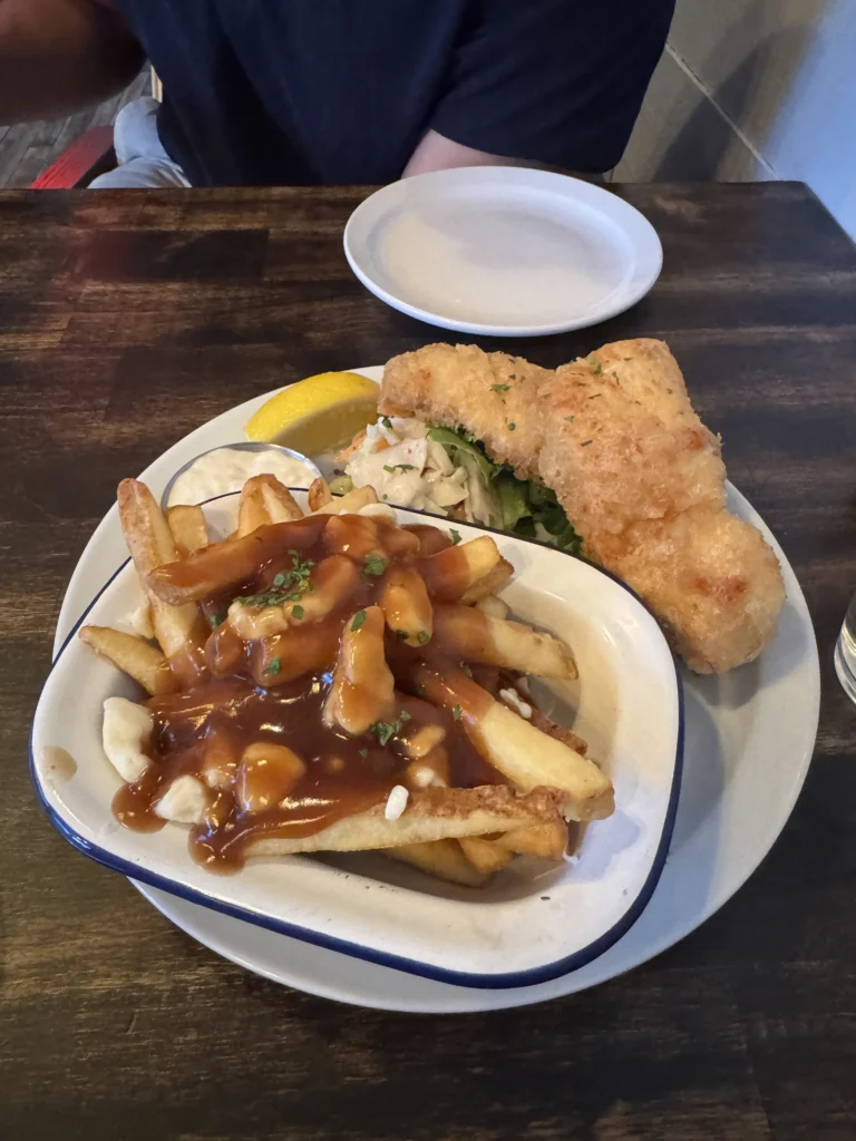 Gluten free poutine and fish at Broken Anchor in Kelowna, BC